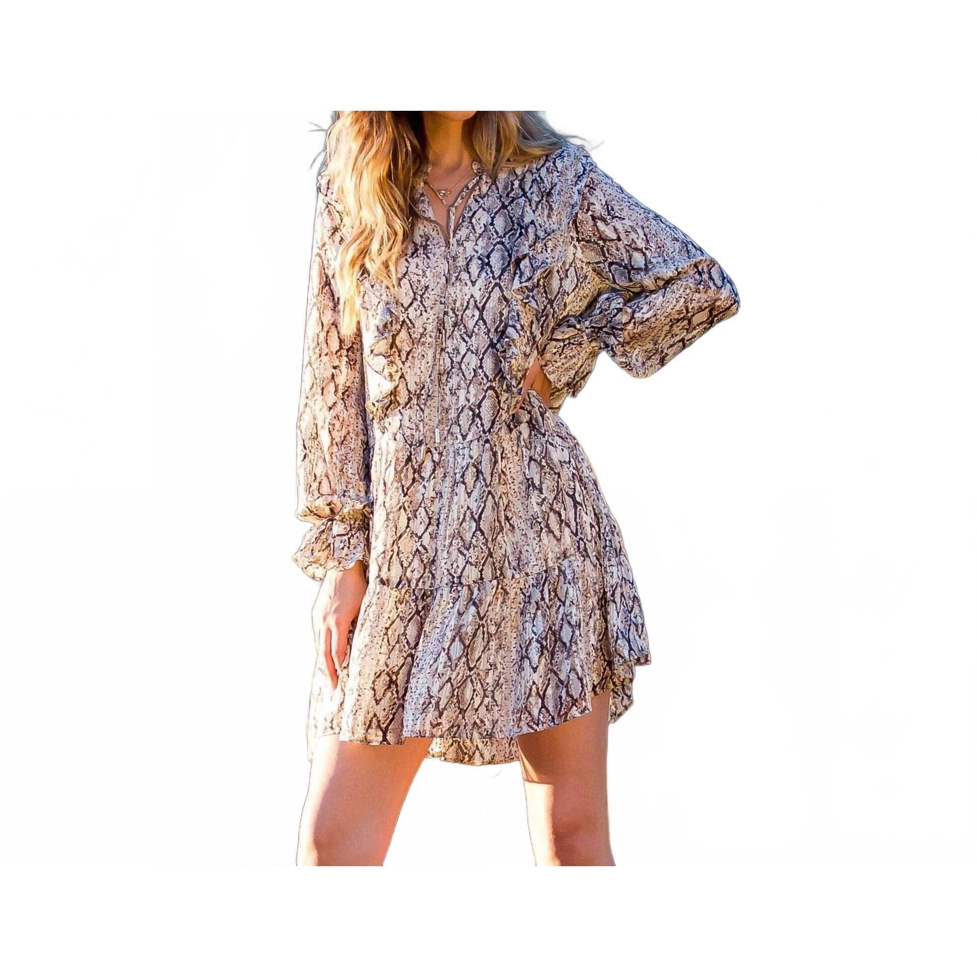 New Thml Snake Print Ruffle Dress In Beige